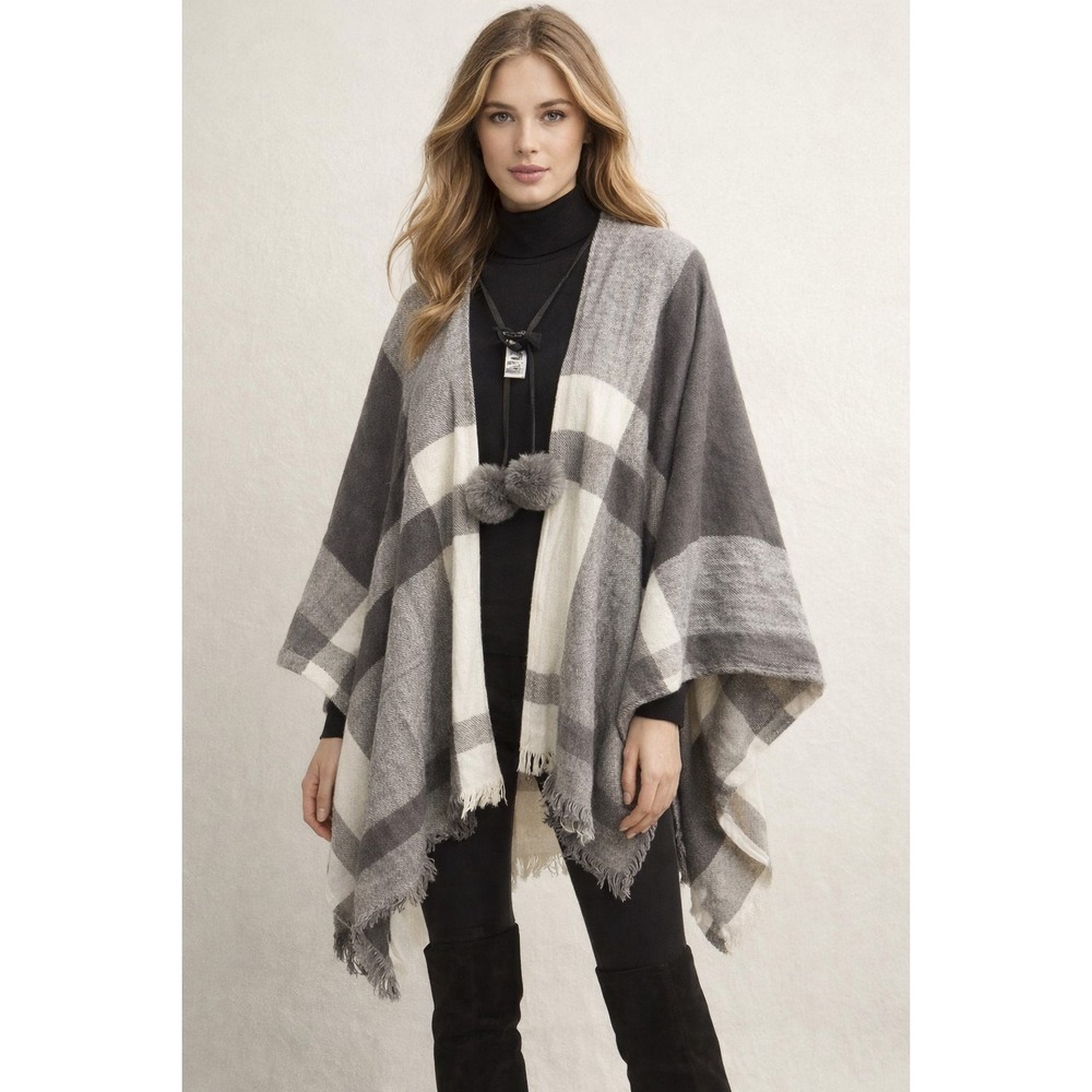 Andrew Marc New York Shawl Bohemian Cozy Chic Plaid 1 Size Fur Pom Poms NWT